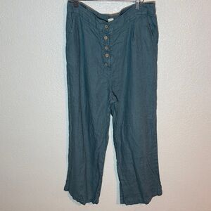 Lintico Blue Wide Leg Cropped Linen Pants Elastic Waistband Button Fly Size XXL